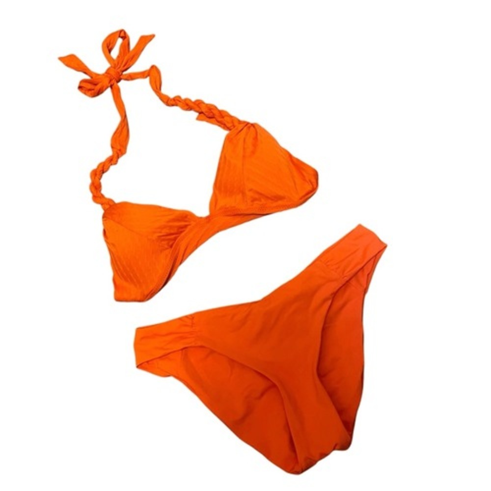BECCA by Rebecca Virtue Orange Textured Braided Halter Triangle Bikini Set S, XS